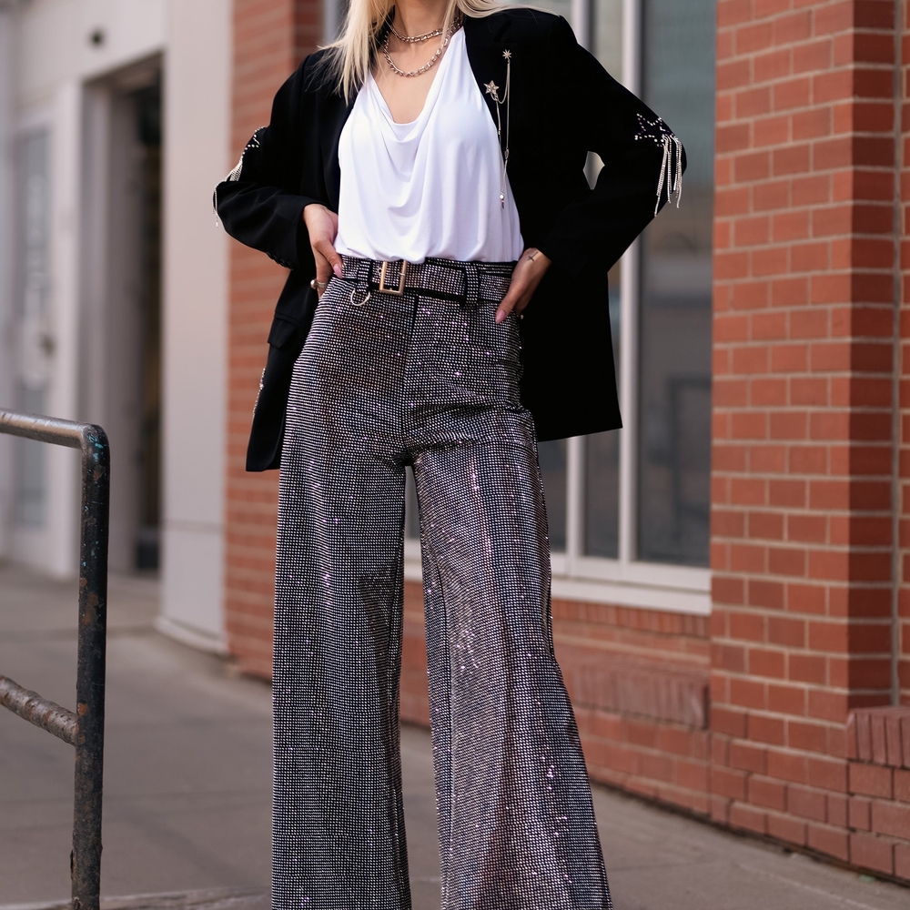 Glamorous Sequin Wide-Leg Pants - Black and Silver